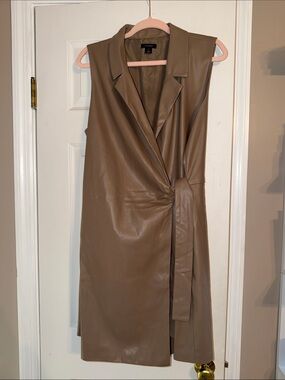 Halogen Sleeveless Faux Leather Wrap Midi Dress in Taupe